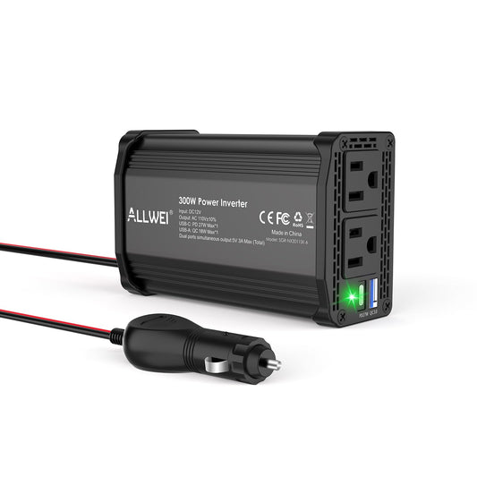 ALLWEI 300W Power Inverter 12V DC to 110V AC Car Plug Adapter Outlet Converter with 27W PD USB-C &18W USB-A Fast Charger, Car Cigarette Lighter Adapter for Phone, Laptop on Road Trip-Black