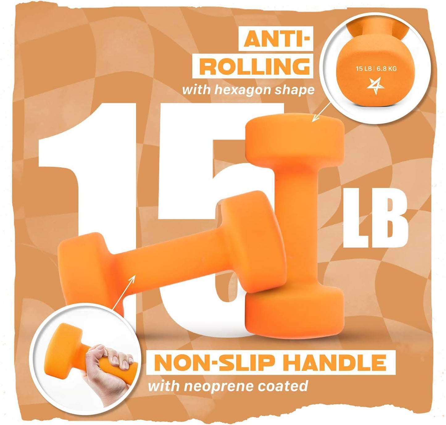 Yes4All Neoprene Coated Dumbbell Hand Weight Sets of 2 - Multiple Weight Options with 15 Colors, Anti-roll, Anti-Slip, Hexagon Shape, Dark Orange, 15 lb Pair
