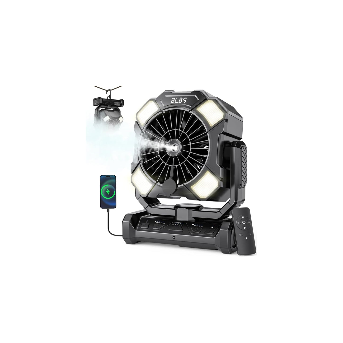 BLBS Camping Misting Fan, 24000mAh Rechargeable Battery Powered, 80H Runtime, 300ml Water Tank, LED Light & Hook, Portable Outdoor Fan for Camping Travel(Black)