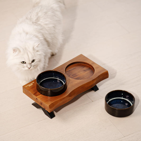 CHEERHOME PETS Raised Cat Ceramic Bowls for Small and Medium Dog, Solid Wooden Dog Food Bowl with Stand, Food Feeding Dishes Water Bowl for Cats and Puppy(Grilled Pine Wood)