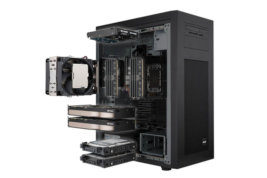 ASUS ExpertCenter Pro ET700I W7-B-750 Performance AI Barebones workstation supports Intel® Xeon® W-3400/W-2400, PCIe 5.0, DDR5 ECC, 2x 2.5Gb LAN, 2 x M.2, 2x GPU support, 750W 80 PLUS® Gold PSU, USB C