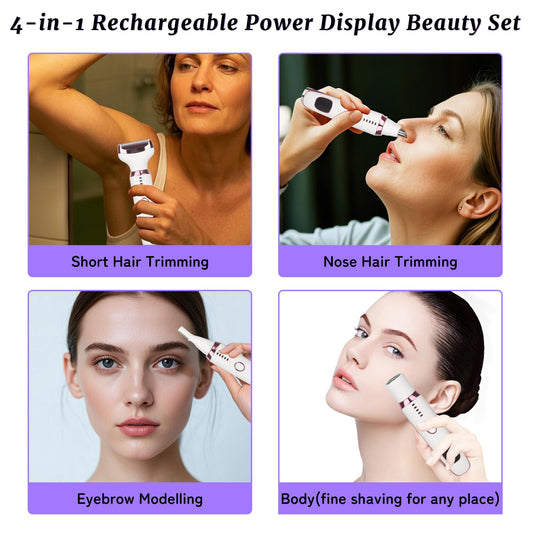 Beanify Wet & Dry Electric Razor for Women Men,4 in 1 Rechargeable Led Display Electric Shaver and Facial Hair Remover,Painless Ladies Body Razors for Nose Face Body Leg Bikini Arm Hair (White)