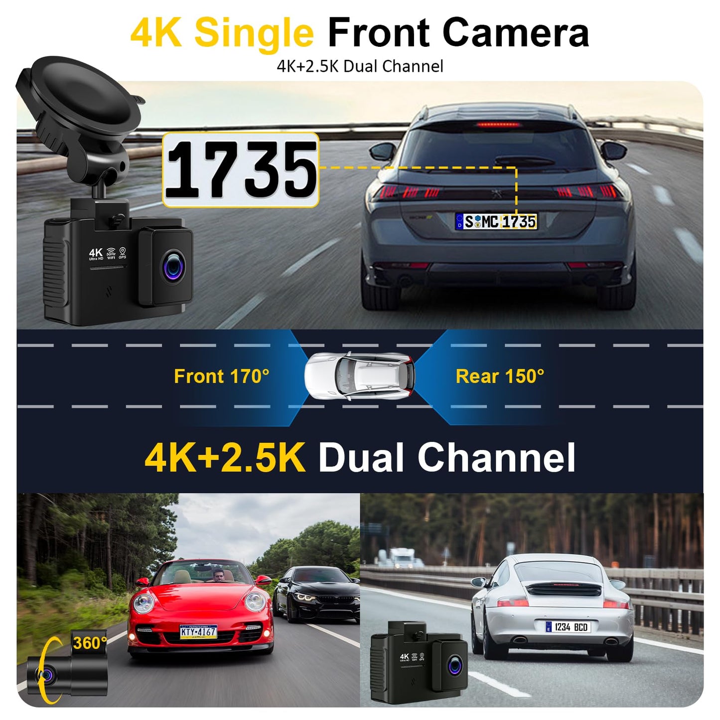 Dash Cam Front and Rear: 4K+2.5K Dual Channel Dash Cam-5GHz WiFi, GPS Dash Camera for Cars with 64GB Card, 2.0" IPS Screen, App Control,G-Sensor,Loop Recording,170°Wide Angle,Night Vision,Parking Mode