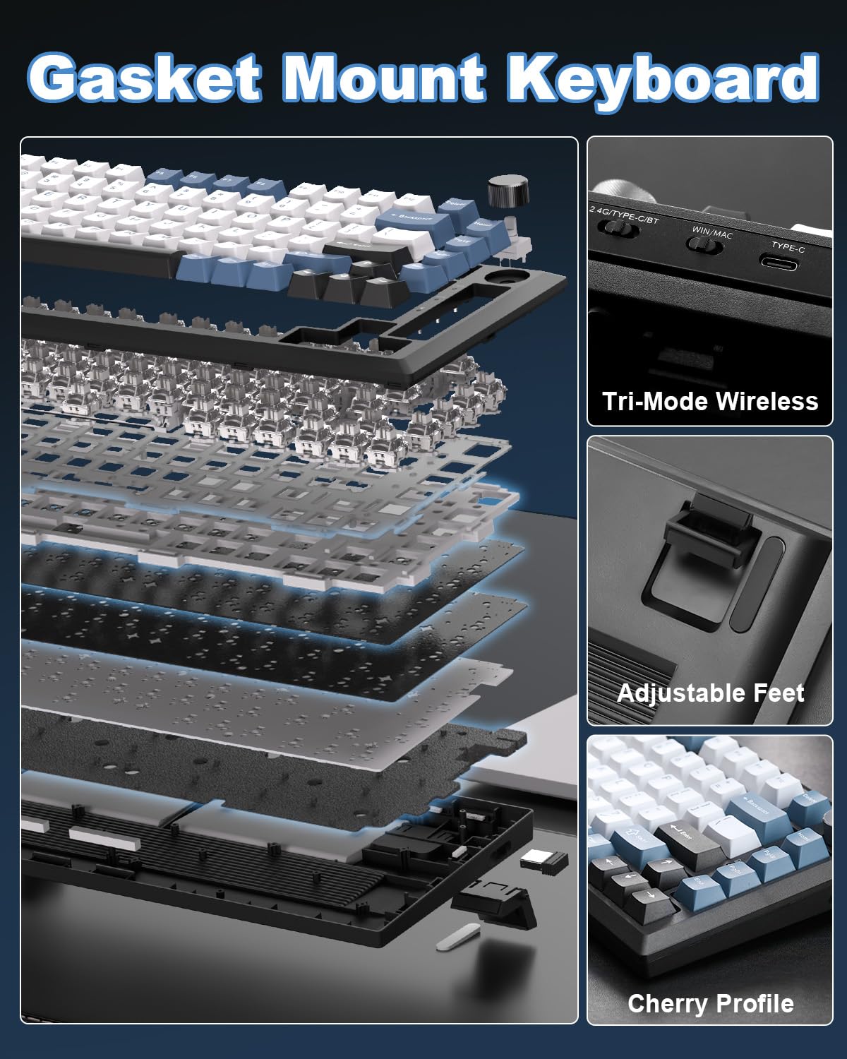 MIKIBY Y75 Gasket Wireless Mechanical Keyboard,75% Hot-Swappable with Knob, Tri-Mode,Creamy Pre-lubed Milk Linear Switches & Doubleshot PBT Keycaps, RGB, Win/Mac (Black & Blue)