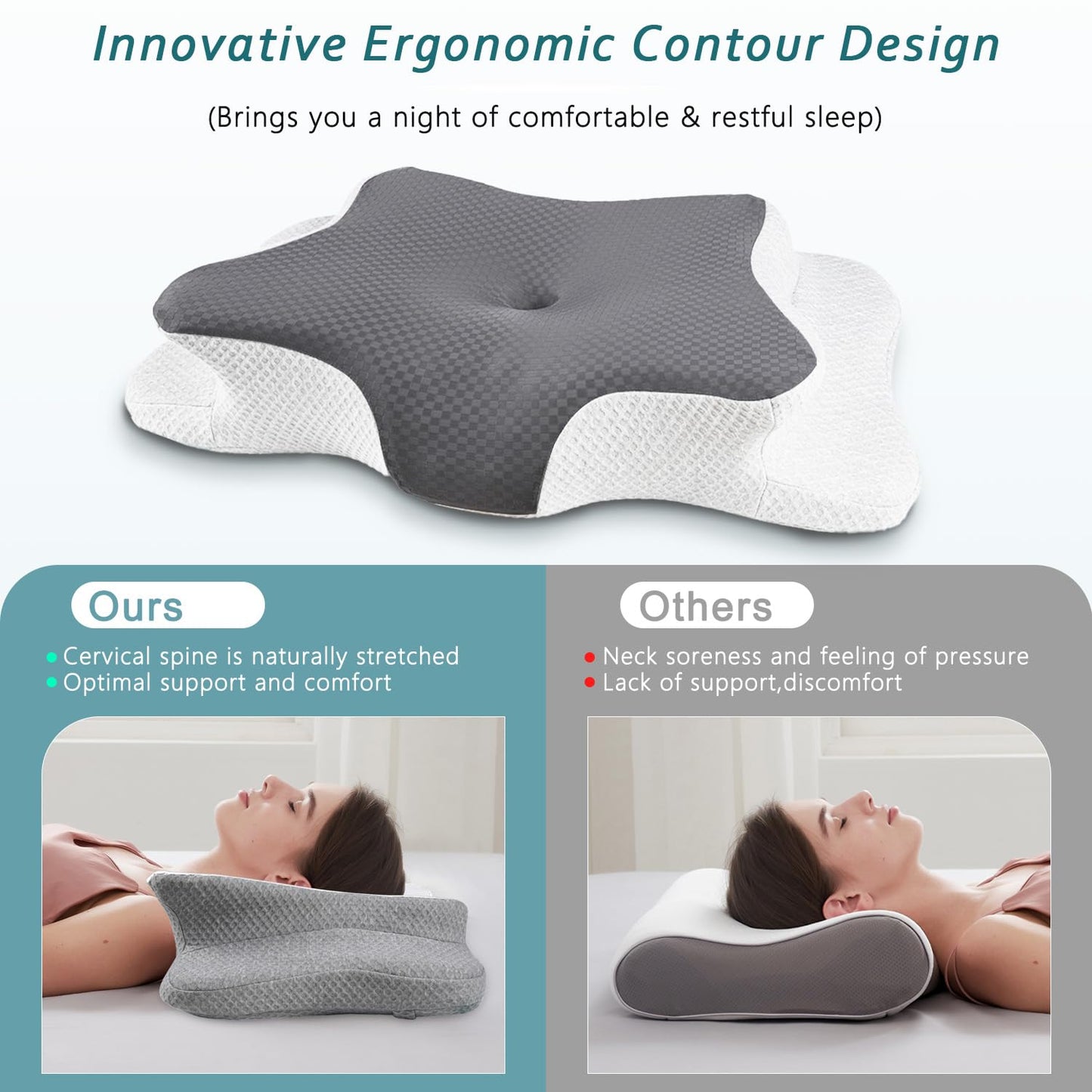 CHxxy Cervical Neck Pillow for Pain Relief Sleeping, Memory Foam Pillows, Ergonomic Side Sleeper Pillows, Cooling Orthopedic Neck Support Pillow for Back Stomach Sleepers-Queen Size Grey&White