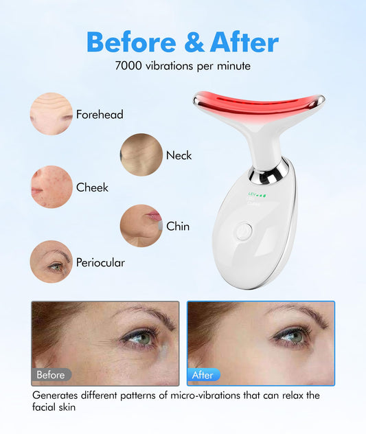 SDKWDH Red Light Therapy for Face and Neck, 7 Color Face Massager Tool for Wrinkles, Double Chin, Vibrating Facial Massager with Thermals for Skin Care, Gifts for Women Men, Glossy White