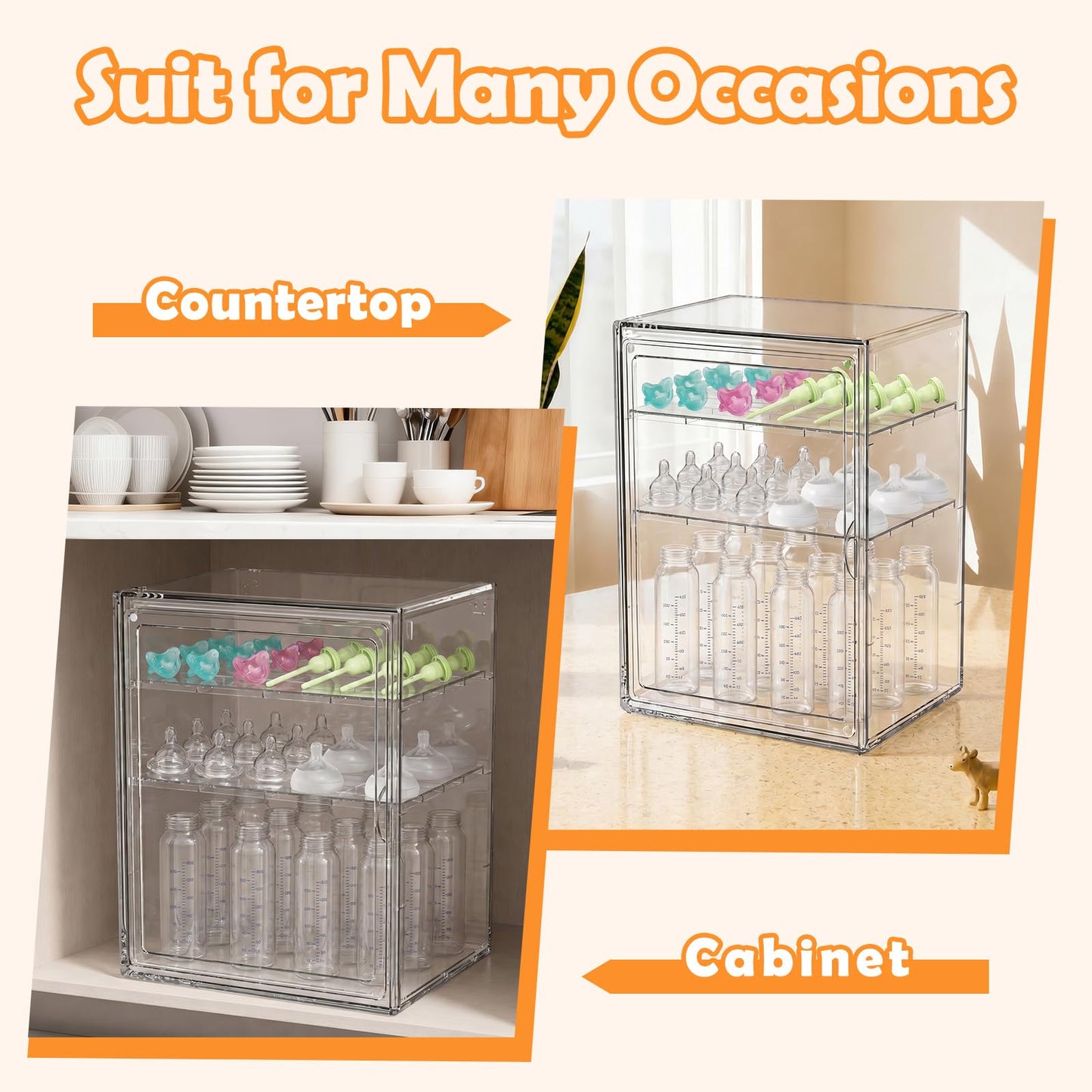 LEARNIBEE Baby Bottle Organizer,Adjustable Height Bottle Storage Organizer Baby for Bottles, Pacifiers, Pump Parts, Clear Organizer for Countertop, Cabinet,Vanity, Bathroom