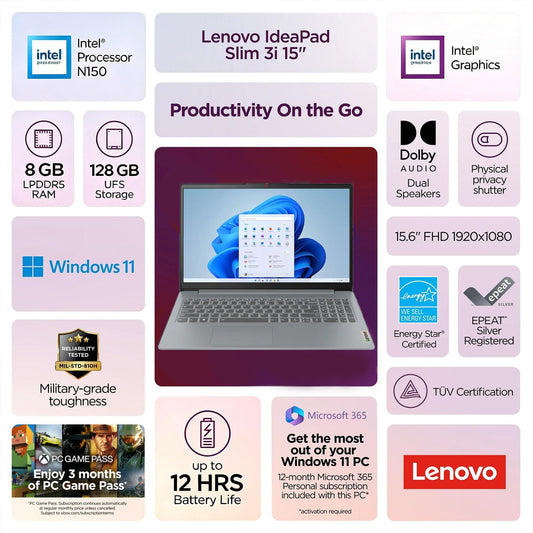 Lenovo IdeaPad Slim 3i • 15.6" FHD Laptop with Microsoft 365 Included • Intel 4 Cores • 8GB DDR5RAM • 128GB SSD • Windows 11