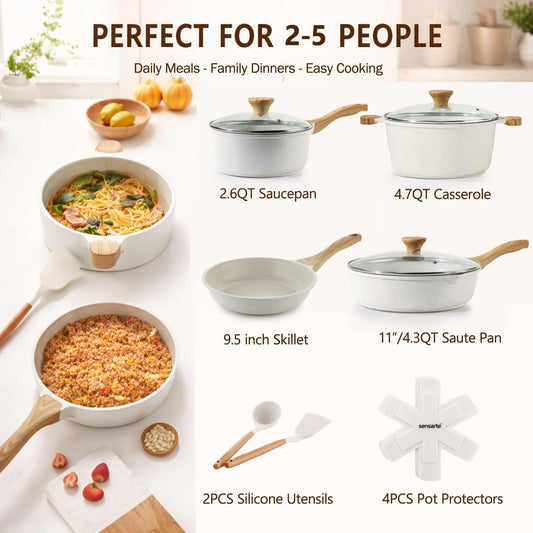 SENSARTE Nonstick Ceramic Cookware Set, 13-Piece Non-toxic Pots and Pans Set, Healthy Kitchen Cooking Set with Stay-Cool Handles, Silicone Tools and Pot Protectors, PFAS Free