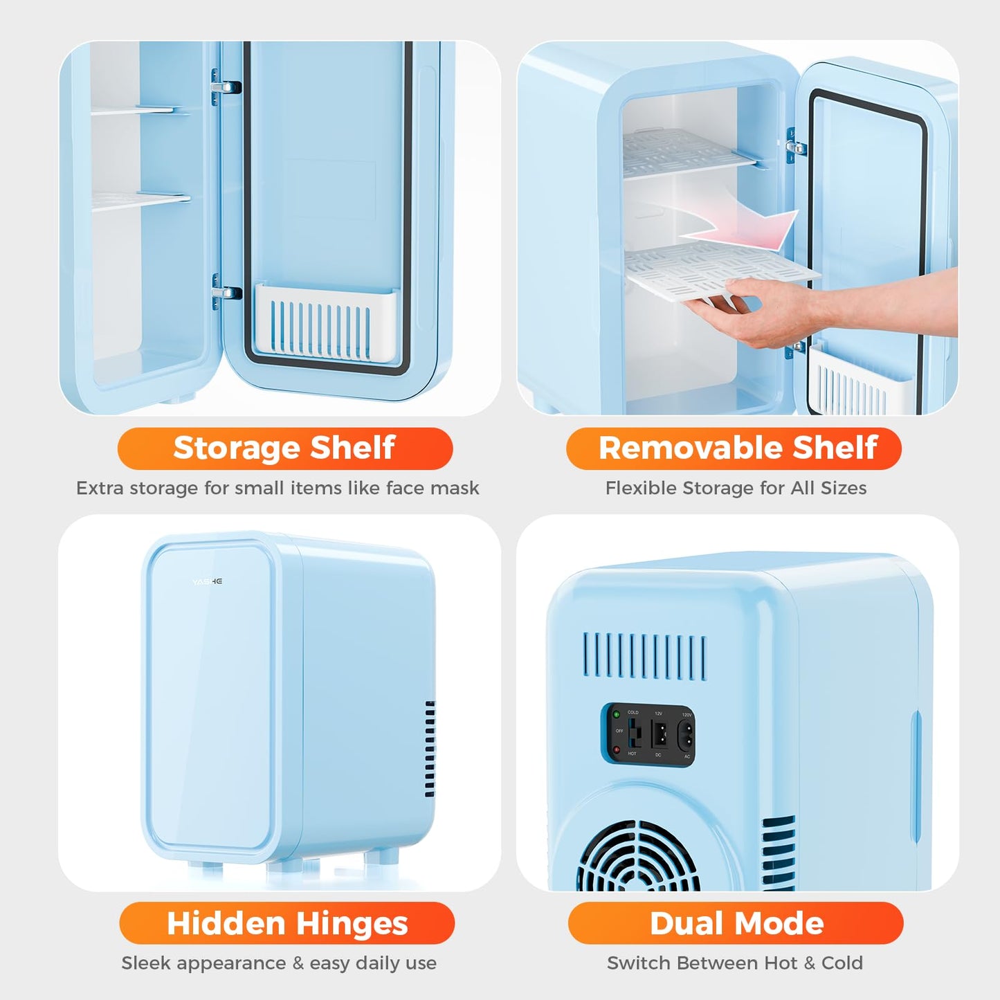 YASHE Mini Fridge, 6 Liter/8 Can 110V AC/DC Portable Thermoelectric Cooler Refrigerators for Bedroom, Skincare, Beverage, Office, Dorm Room and Car, Blue