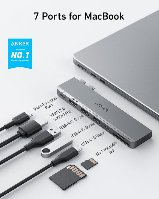 Anker USB C Hub for MacBook, 7-in-2 mac Dock with 4K@60Hz HDMI, Compatible with Thunderbolt 4, 1 Type C and 2 USB A Data Ports for MacBookPro 13 Inch, MacBookAir M4/M5, and More (Not Work with Neo)