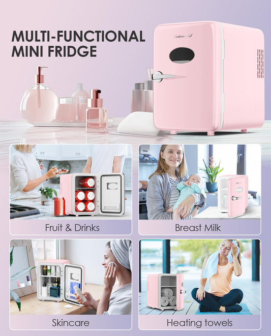 CUTIEWORLD Skincare Fridge - 4L Makeup Fridge for Refrigerating Makeup, Skincare and Food, Mini Fridge for Bedroom, Office and Car, Cooler and Warmer, Beverage Cooler, Leather Pink