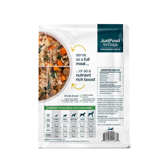 JustFoodForDogs JustFresh Wet Dog Food, Fresh Pet Meals and Toppers with No Preservatives, Resealable Package, Human Grade, Home-Cooked Chicken, 12 oz - 7 Pack