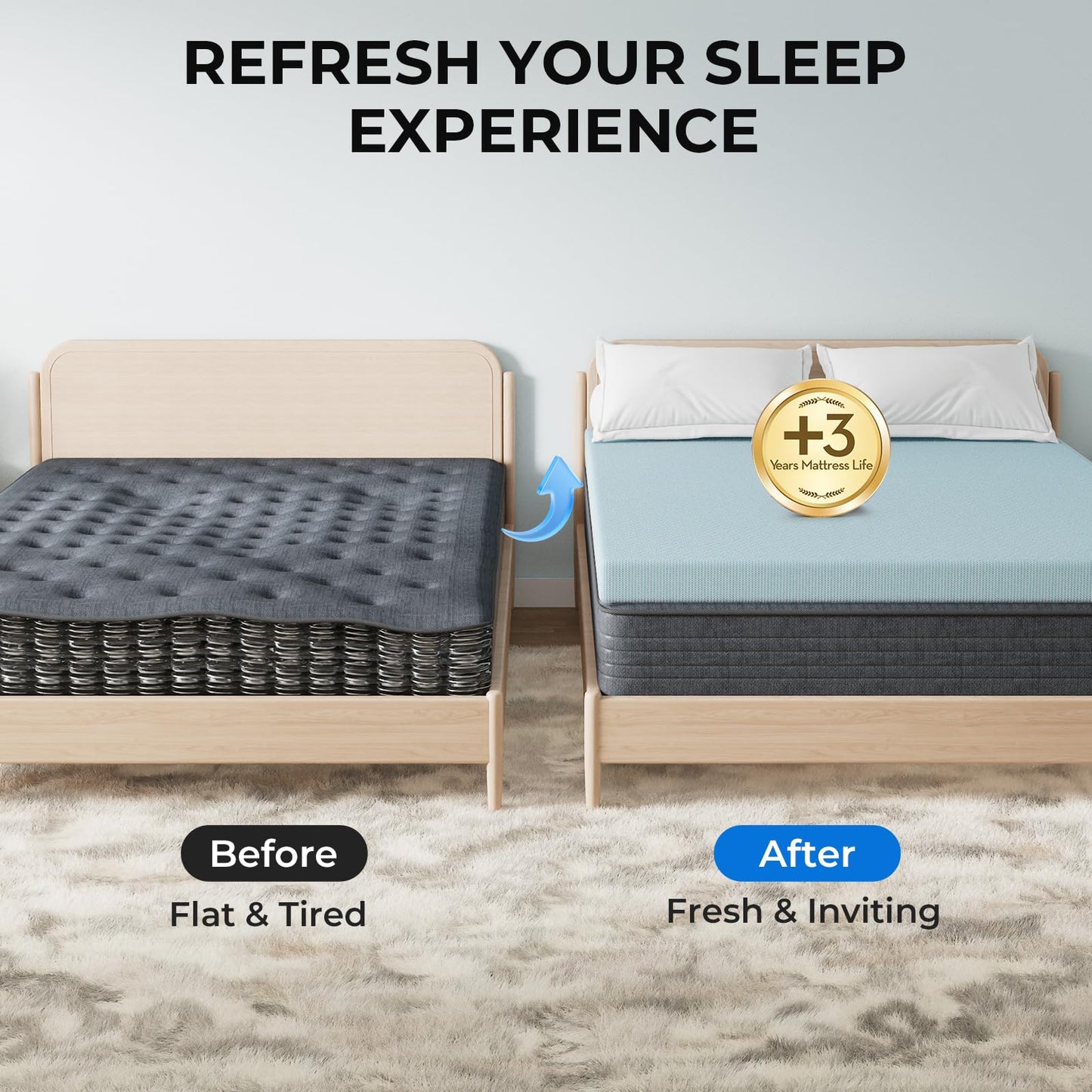 OhGeni 2 Inch Queen Memory Foam Mattress Topper Pad with Cover, Soft Bed Cover with Anti-Slip Base, Enhanced with Cooling Gel,Premium Comfort for Sleep & Back Pain Relief, Removable & Washable