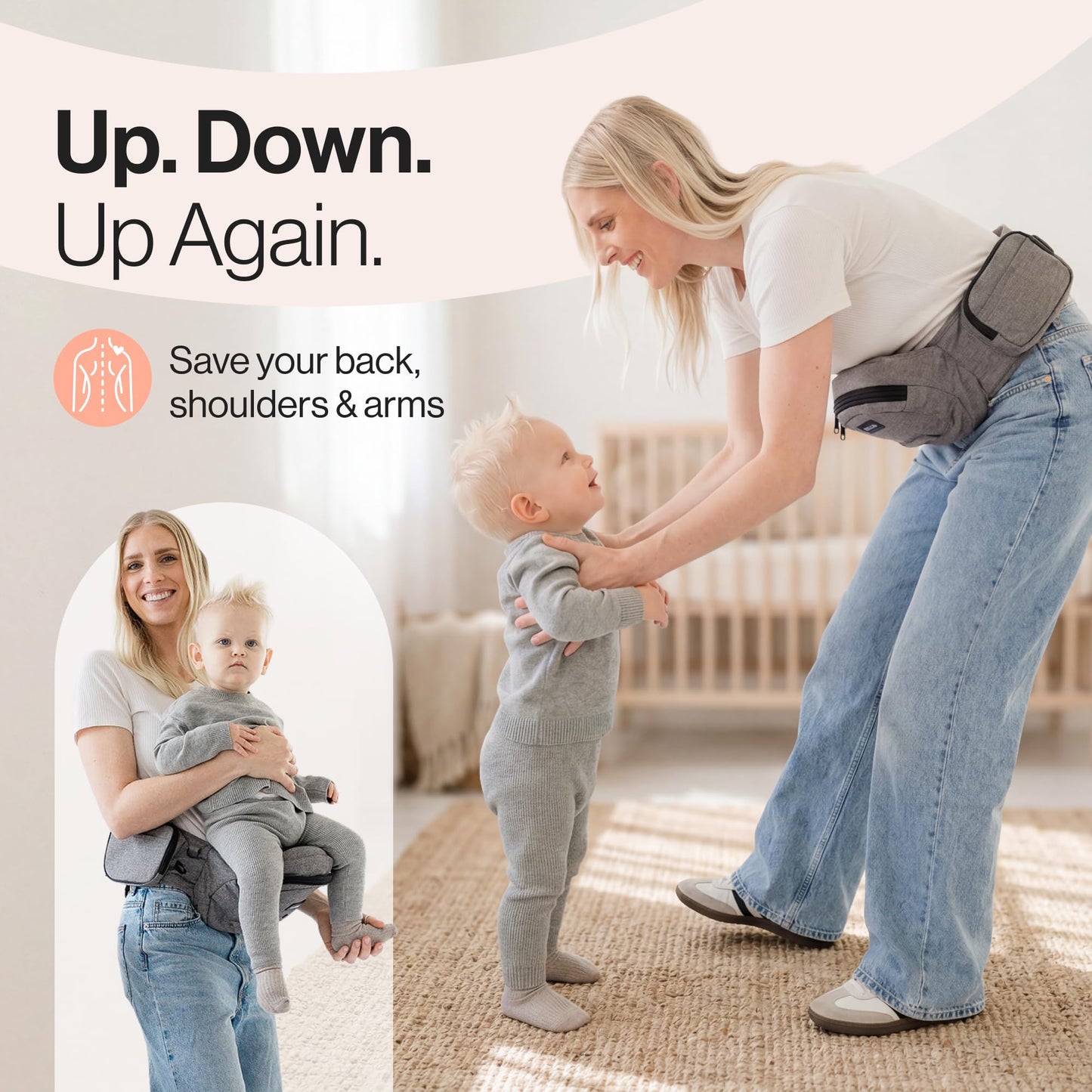Tushbaby Original Hip Seat Baby Carrier for Babies & Toddlers up to 45 lbs, Safety Certified, Lightweight No-Foam Design with Storage, Grey