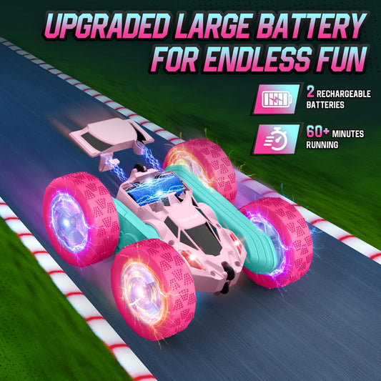 Hamdol Pink Remote Control Car for Girls, Double Sided with Shining Headlights & Wheel Lights, Girl Princess Toys, Rechargeable Toy Car for 6-7 6-8 9 10-12 Year Old Girls Birthday, Valentines Gift