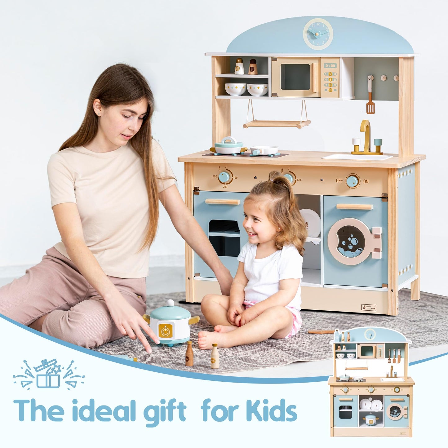 ROBUD Wooden Play Kitchen Set for Kids Toddlers, Toy Kitchen Gift for Boys Girls, Age 3+