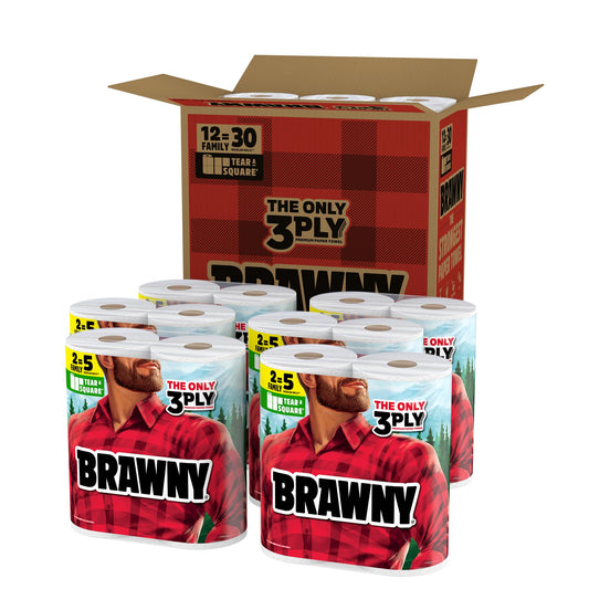 Brawny Tear-A-Square 3-Ply Paper Towels, 12 XL Family Rolls = 30 Regular Rolls, Strong, Absorbent, and Durable with 3 Sheet Sizes (Quarter, Half, Full)
