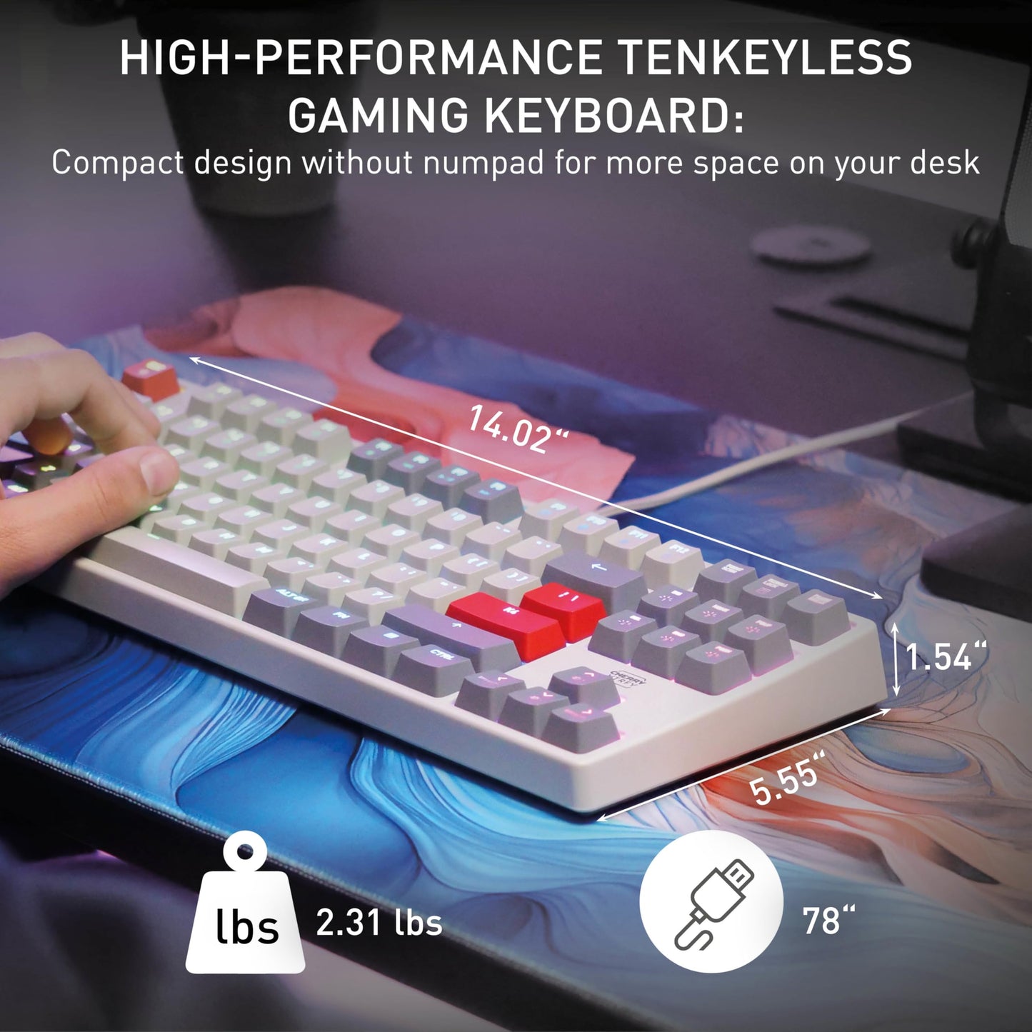 CHERRY XTRFY K4V2 TKL, Tenkeyless Mechanical Gaming Keyboard, Wired (USB-A), Adjustable RGB Lighting, 1000 Hz Polling Rate, Cherry MX2A RED Switches, Retro