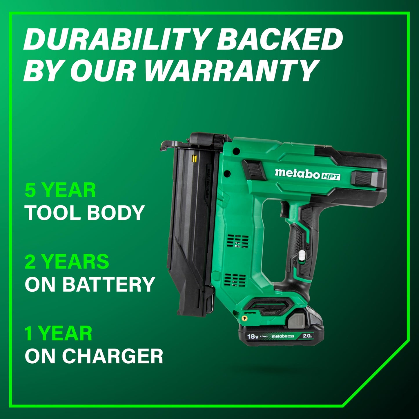 Metabo HPT 18V MultiVolt Compact Cordless Brad Nailer Kit, 18 Gauge Nailer with Power Tool 2.0Ah Lithium Ion Battery, Drives 5/8" to 2" Brad Nails, 700 per Charge, NT1850DG