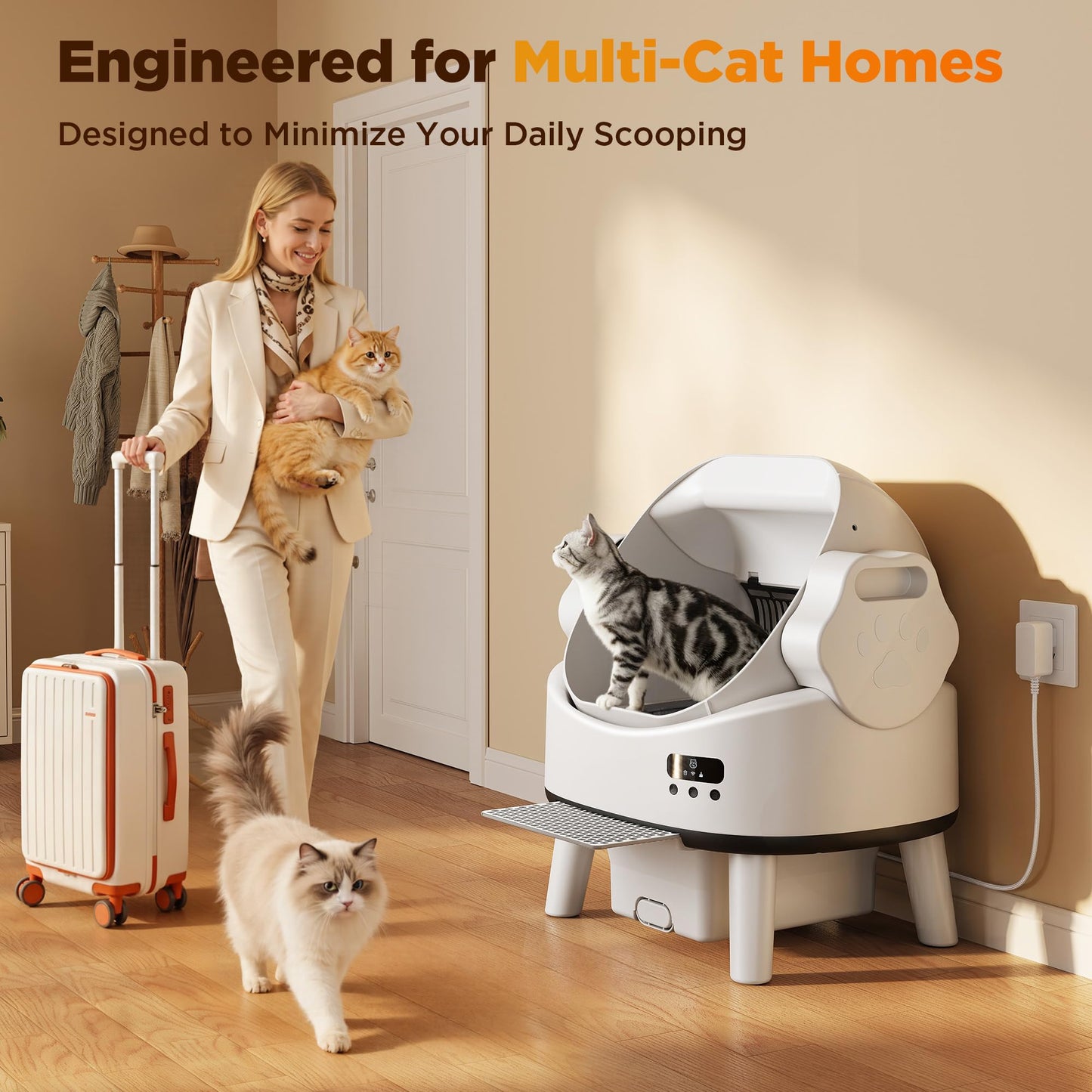 Linvivon Self Cleaning Cat Litter Box for Multiple Cats, Open-Top Automatic Litter Box, App Control, Safety Sensors, Hands-Free Large Capacity 10L Waste Bin, Ultra-Quiet