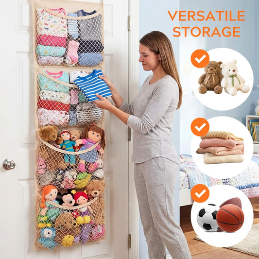 Over The Door Stuffed Animal Storage, Cotton Toy Organizer for Storage Plush Toys,Baby Supplies, Stuffed Animal Holder with 4 Large Pockets, Hanging Door Organizer for Nursery, Bedroom, Kids Room