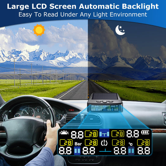 RV Tire Pressure Monitoring System -TPMS Tire Pressure Monitor with 6 Sensors,M12-3 TPMS Solar Charge & USB Color LCD Display, 0-9.9BAR/144PSI Range, 6 Alarm Modes for RV/Trailer/Truck IP67