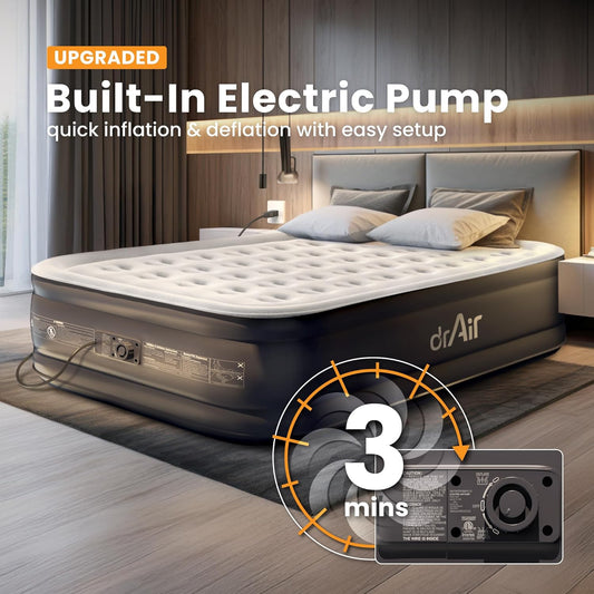Dr. air Queen Air Mattress with Built-in Pump, 18" Raised Blow Up Mattress, 800 lbs Max Honeycomb Air Bed, 48Hr Leak-Proof Test, 3min Inflatable Mattress for Home, Guests, Camping, Colchones inflables