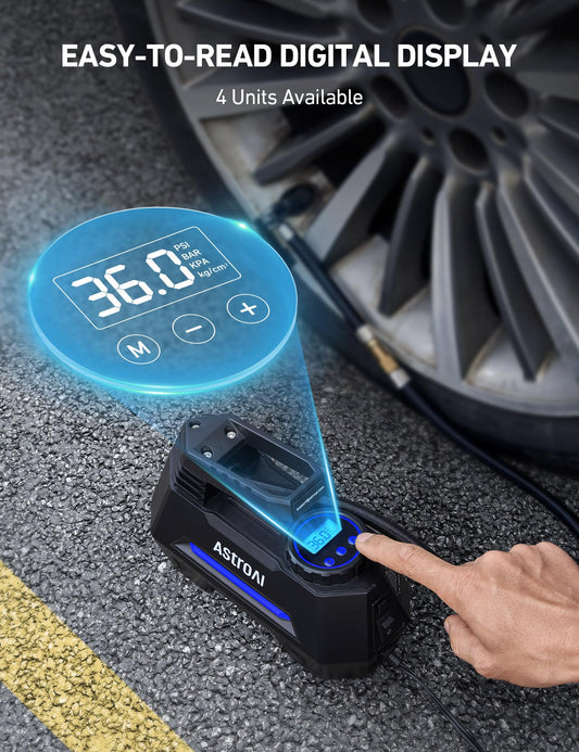 AstroAI AIRUN H Tire Inflator Portable Air Compressor Air Pump for Car Tires-Car Accessories, 9.8Ft Cord-12V DC-Powered Auto Pump with Digital Pressure Gauge, LED Light for Bicycle, Balloons, Blue