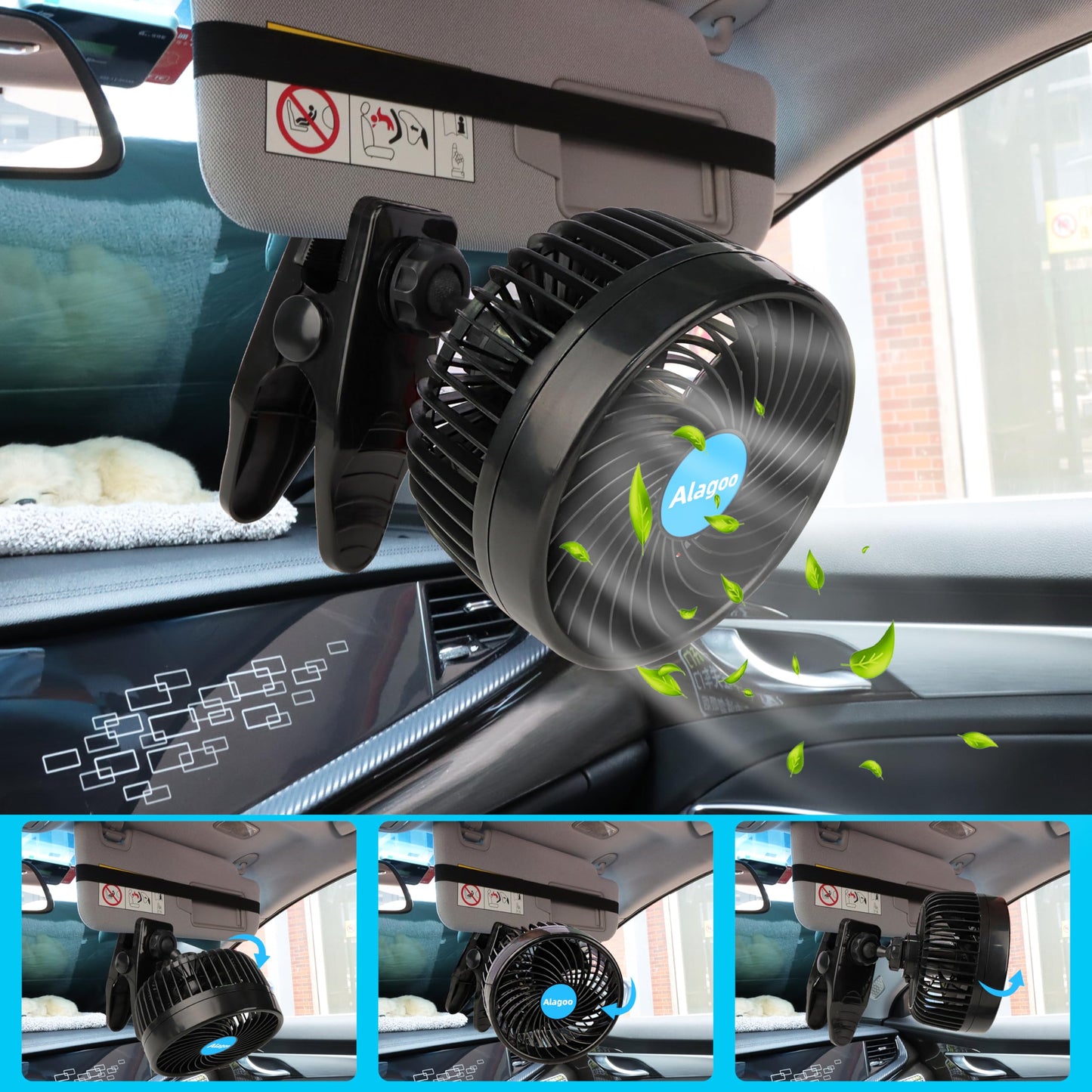 Alagoo Car Fan 6'' 12V Cool Gadgets Clip Fan for Front Rear Seat Passenger Portable Electric Air Fresh Fan with Cigarette Lighter Plug for Cars/Vehicle SUV, RV