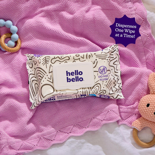 Hello Bello Premium Wipes, Designed for Sensitive Skin with Chamomile & Aloe Extracts, Playful Sketches (12 Resealable Packets = 720 Total Wipes)