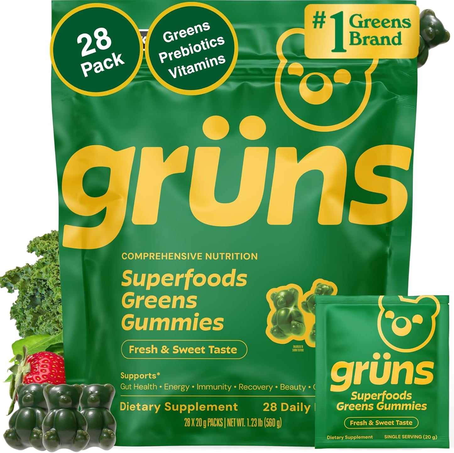 Gruns Adult Super Greens Multivitamin Gummies, Superfood Gummy Vitamins for Women and Men with Spirulina, Chlorella, Adaptogens &amp; Prebiotic Fiber for Digestive Health (28 Count)