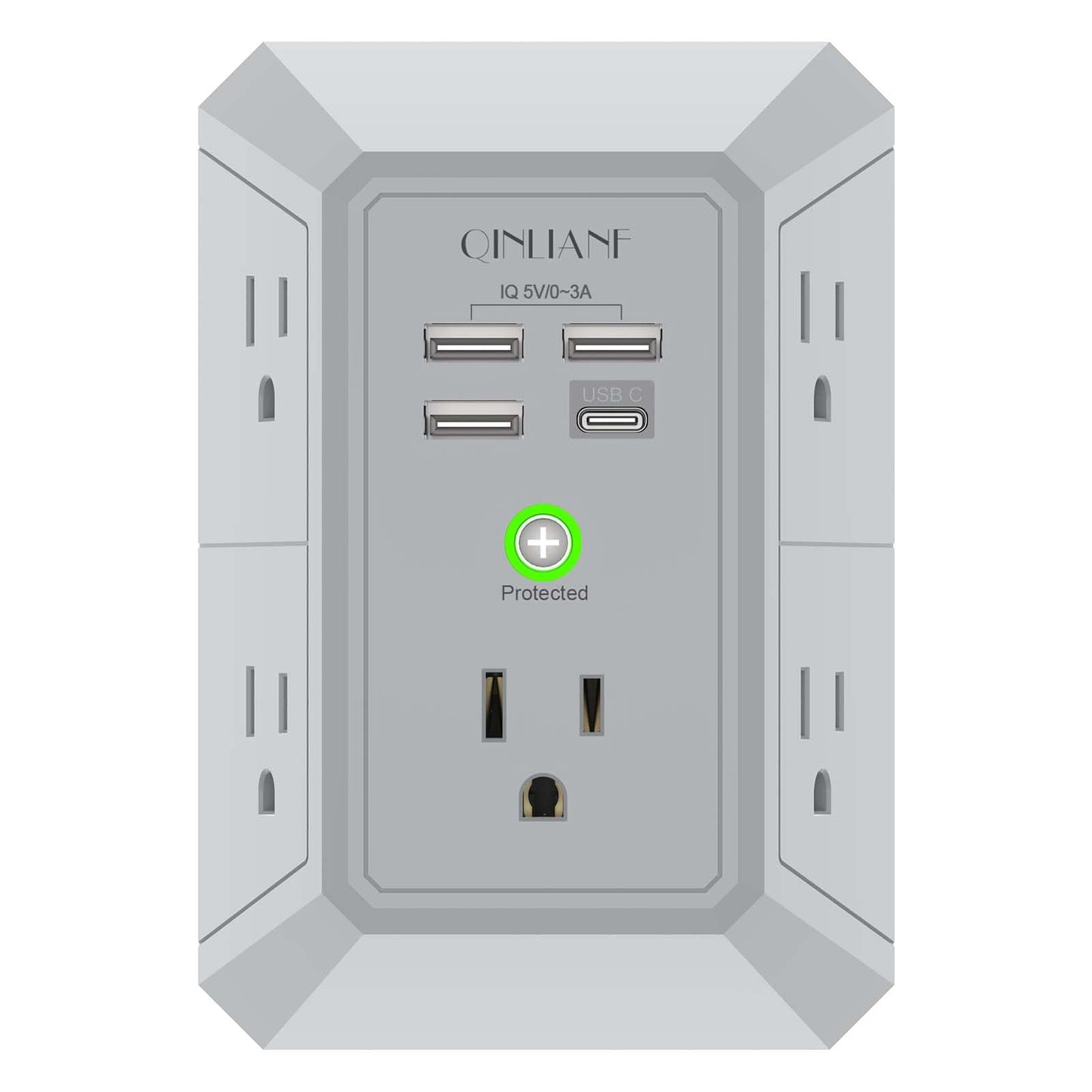 USB Wall Charger, Surge Protector, QINLIANF 5 Outlet Extender with 4 USB Charging Ports(2U2C) 3-Sided 1680J Power Strip Multi Plug Outlets Wall Adapter Spaced for Home Travel Office, Grey
