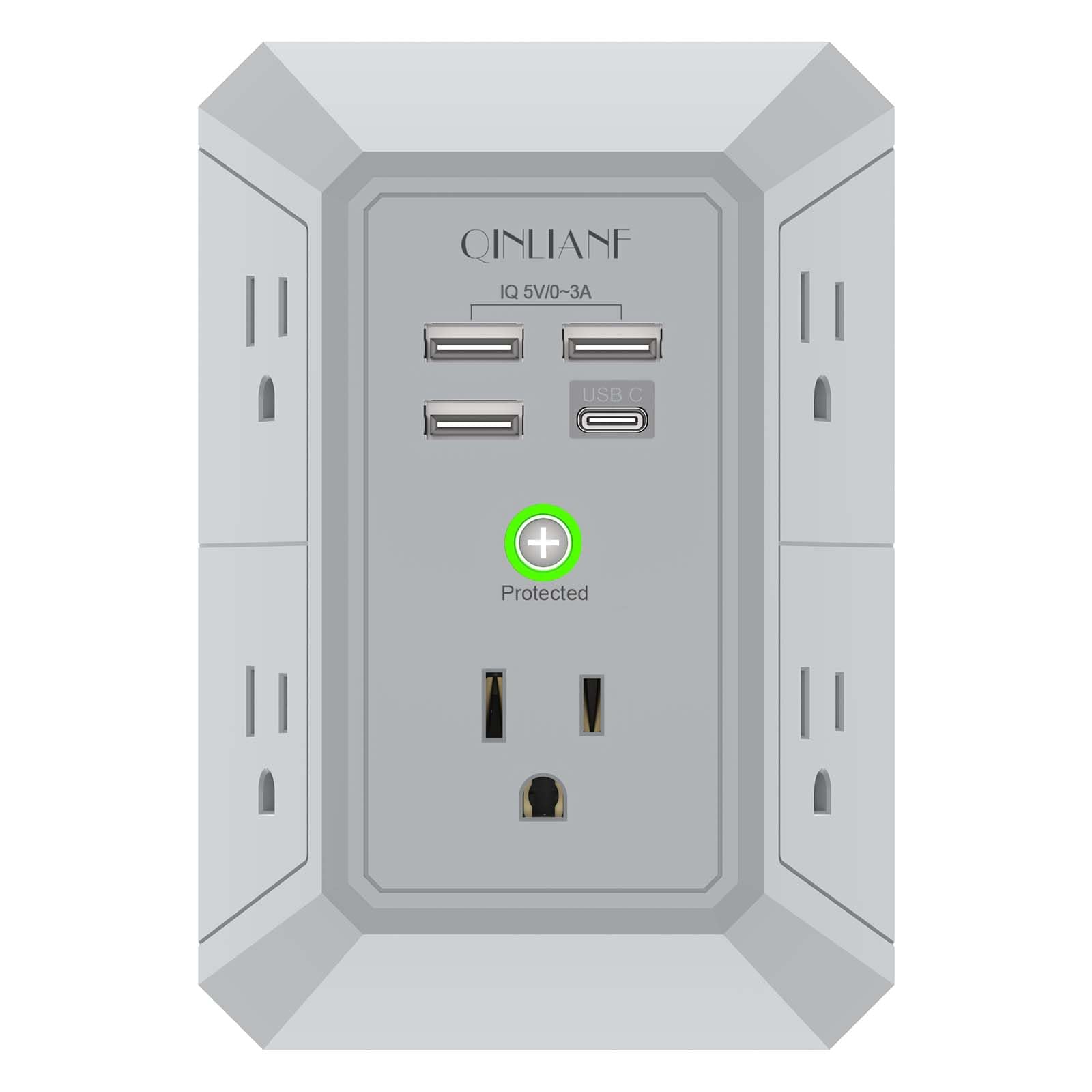 USB Wall Charger, Surge Protector, QINLIANF 5 Outlet Extender with 4 USB Charging Ports(2U2C) 3-Sided 1680J Power Strip Multi Plug Outlets Wall Adapter Spaced for Home Travel Office, Grey