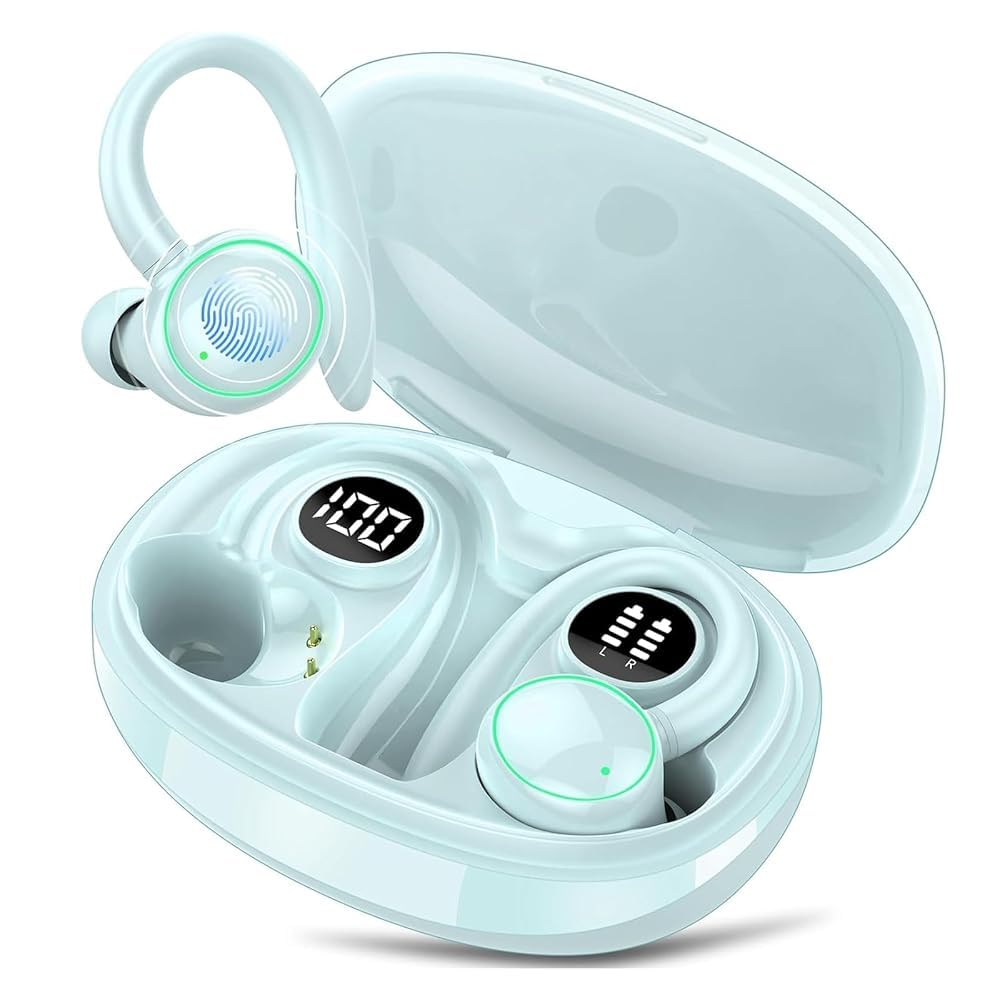 Wireless Earbuds, Bluetooth 5.4 Headphones Sport, Over Ear Buds With ENC Noise Cancelling Mic, 48H, Wireless Earphone With Earhooks, Stereo Deep Bass, IP7 Waterproof Headset for Workout Running, Blue