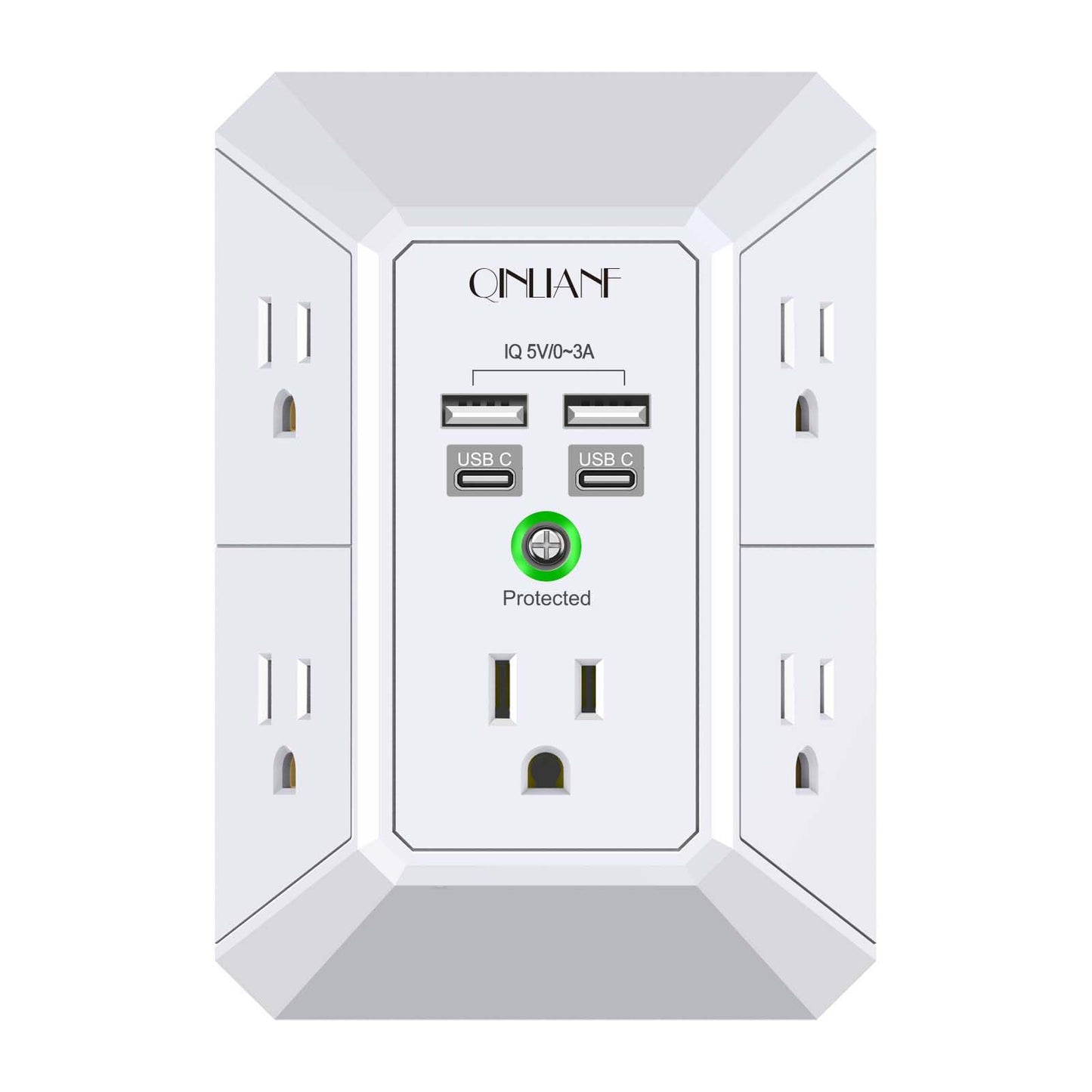 USB Wall Charger, Surge Protector, QINLIANF 5 Outlet Extender with 4 USB Charging Ports(2U2C) 3-Sided 1680J Power Strip Multi Plug Outlets Wall Adapter Spaced for Home Travel Office, Grey