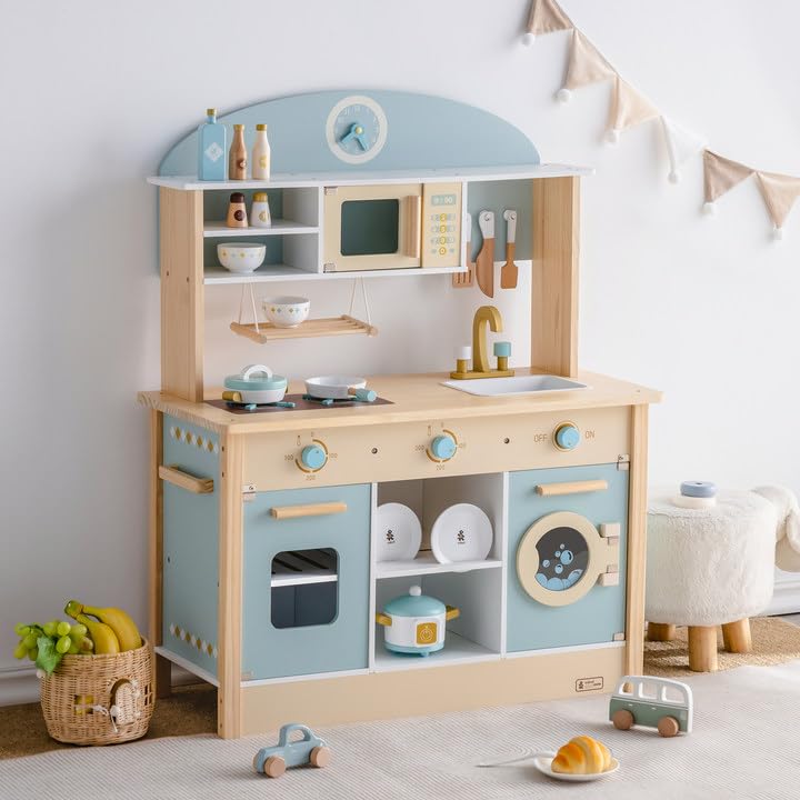 ROBUD Wooden Play Kitchen Set for Kids Toddlers, Toy Kitchen Gift for Boys Girls, Age 3+