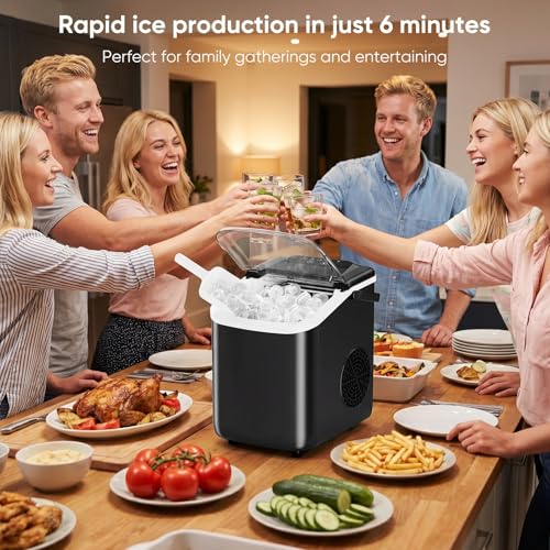 DUMOS Ice Maker Countertop, Ice Machine with Portable Handle, Basket and Scoop, 26lbs Daily, 9 Bullet Cubes in 6~8 Mins, Auto-Cleaning for Home, Kitchen, Office, Outdoors, RV Camping