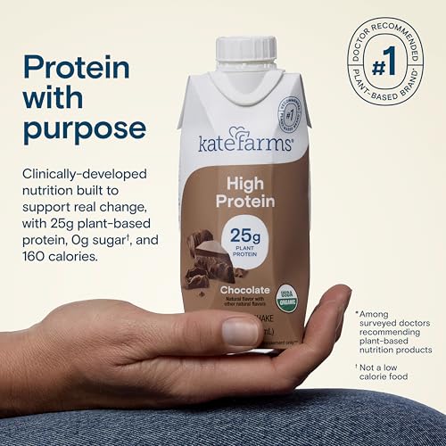 KATE FARMS Organic High Protein Chocolate Nutrition Shake, 25g Protein, 6g Fiber, 27 Vitamins and Minerals, 0g Sugar, Protein Drink, 11 oz (12 Pack)