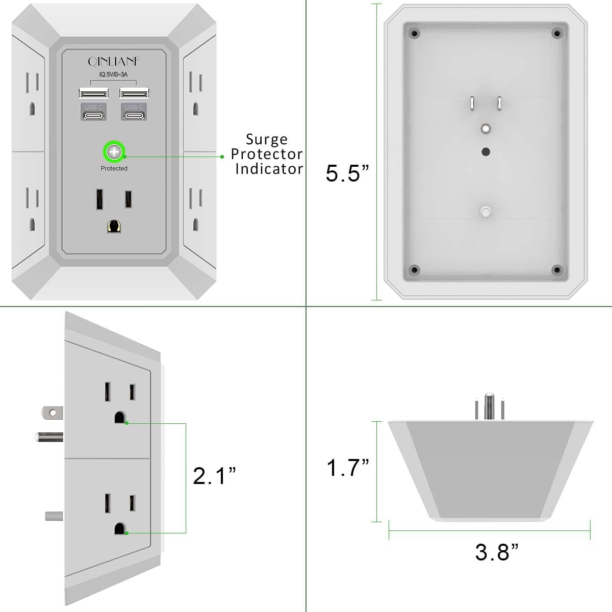 USB Wall Charger, Surge Protector, QINLIANF 5 Outlet Extender with 4 USB Charging Ports(2U2C) 3-Sided 1680J Power Strip Multi Plug Outlets Wall Adapter Spaced for Home Travel Office, Grey