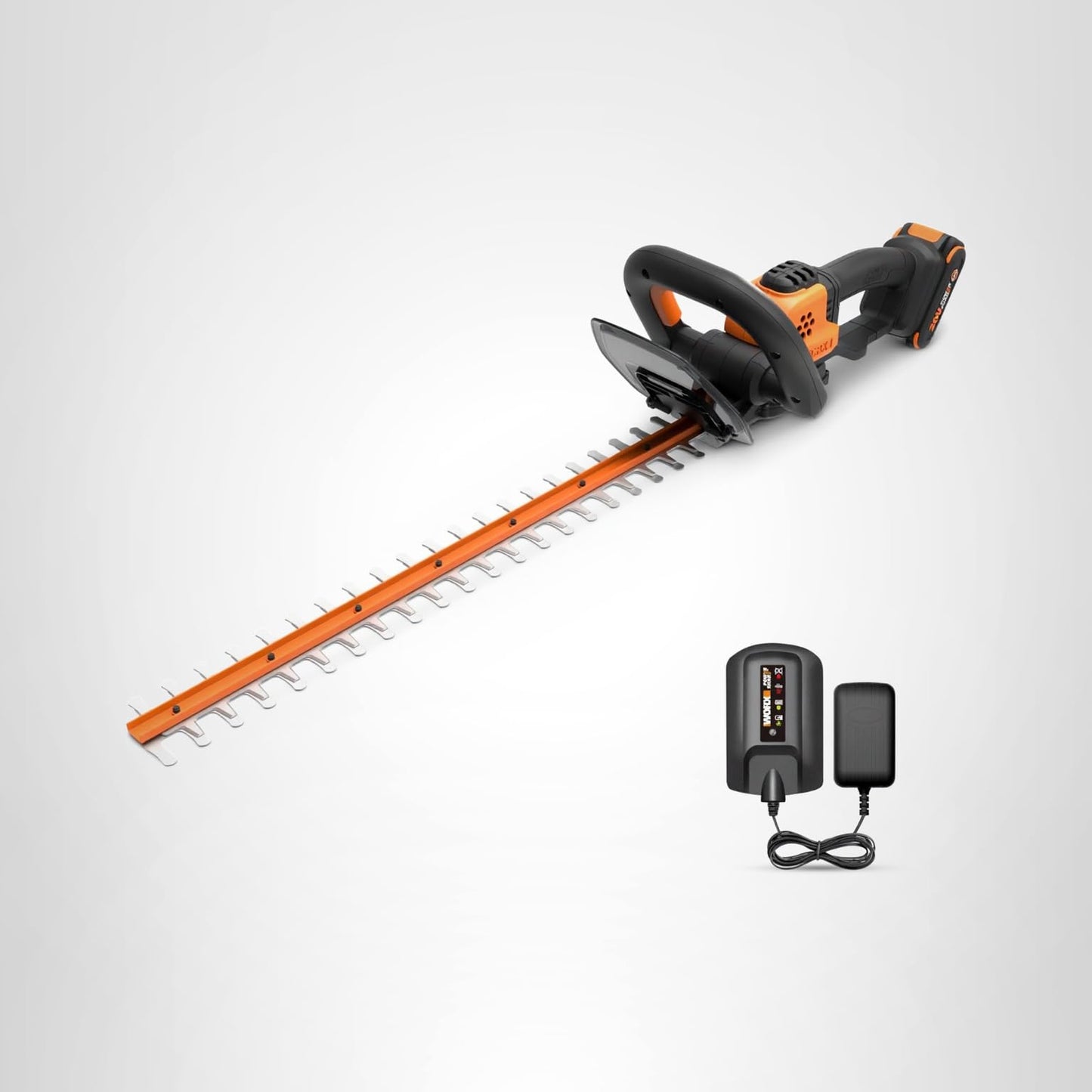 WORX 22" Cordless Hedge Trimmer, Electric Hedge Trimmer with Dual-Action Blades, Lightweight Bush Trimmer with 5.5 LBS, Battery & Charger Included, WG261