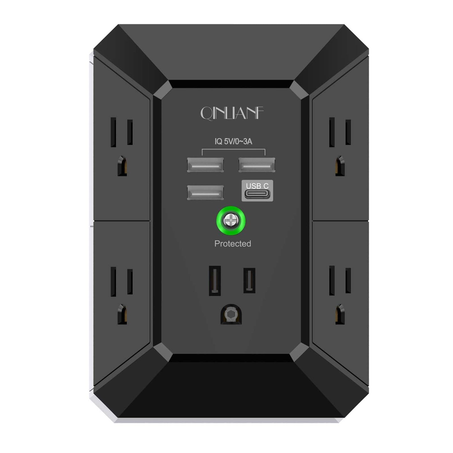 USB Wall Charger, Surge Protector, QINLIANF 5 Outlet Extender with 4 USB Charging Ports(2U2C) 3-Sided 1680J Power Strip Multi Plug Outlets Wall Adapter Spaced for Home Travel Office, Grey