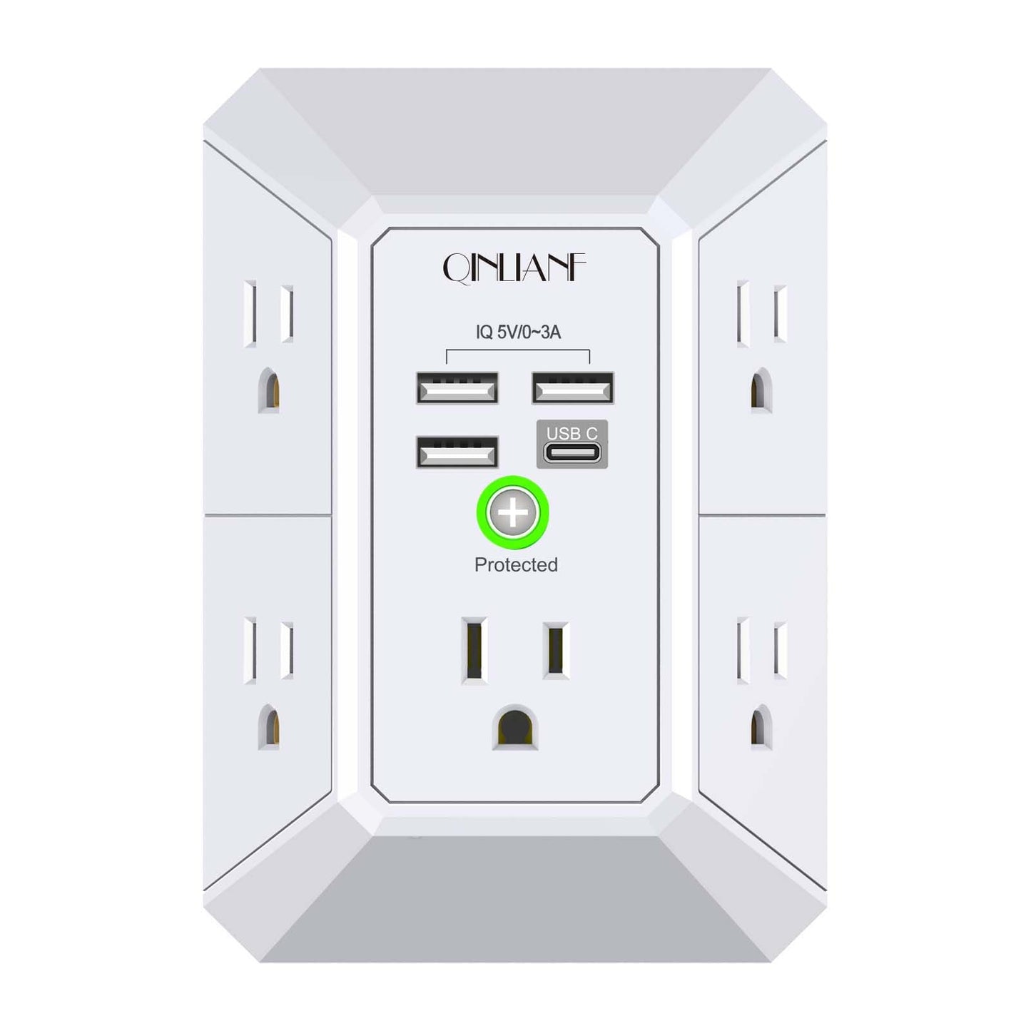 USB Wall Charger, Surge Protector, QINLIANF 5 Outlet Extender with 4 USB Charging Ports(2U2C) 3-Sided 1680J Power Strip Multi Plug Outlets Wall Adapter Spaced for Home Travel Office, Grey
