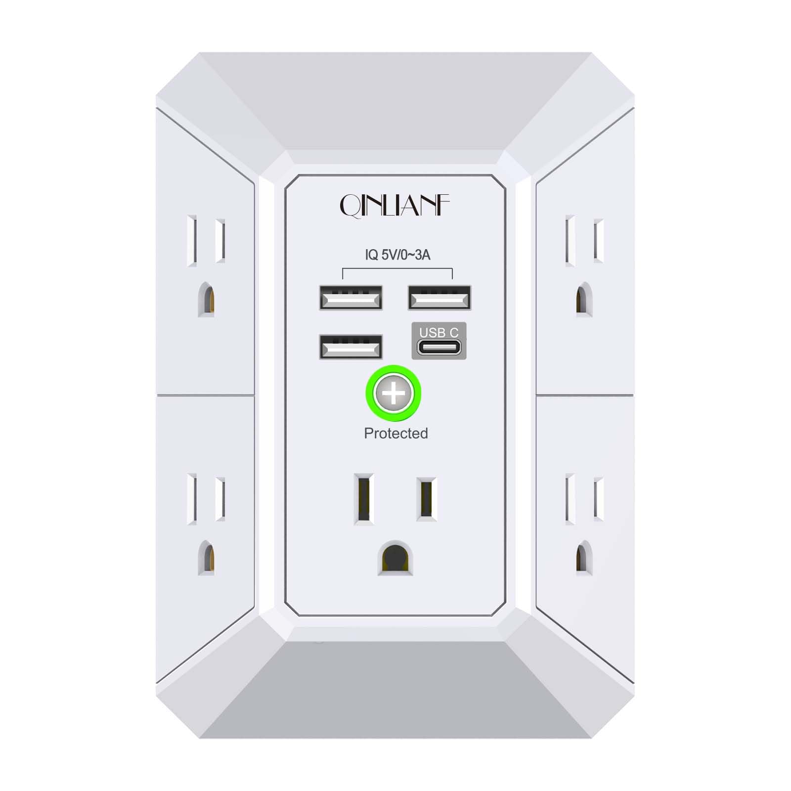 USB Wall Charger, Surge Protector, QINLIANF 5 Outlet Extender with 4 USB Charging Ports(2U2C) 3-Sided 1680J Power Strip Multi Plug Outlets Wall Adapter Spaced for Home Travel Office, Grey