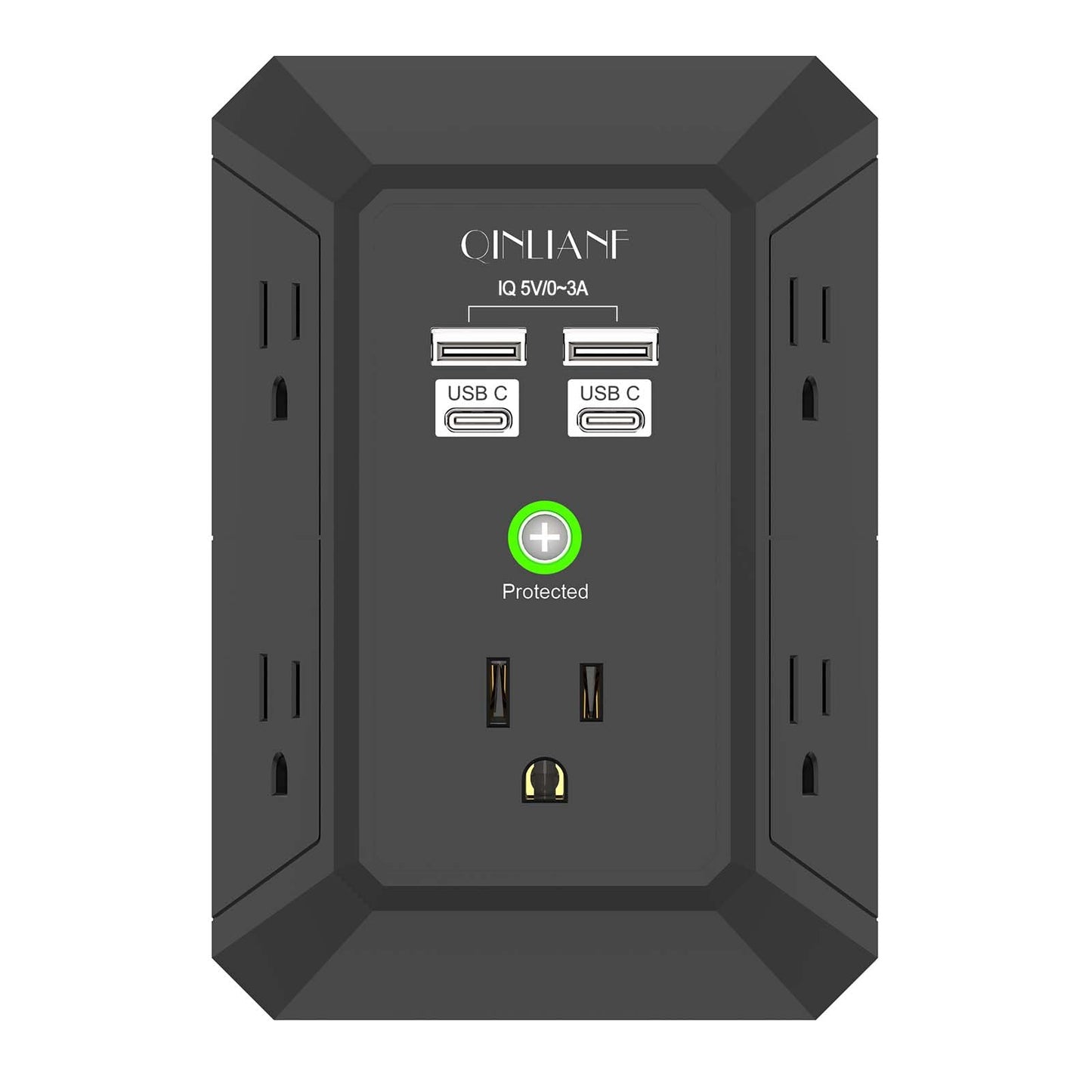 USB Wall Charger, Surge Protector, QINLIANF 5 Outlet Extender with 4 USB Charging Ports(2U2C) 3-Sided 1680J Power Strip Multi Plug Outlets Wall Adapter Spaced for Home Travel Office, Grey