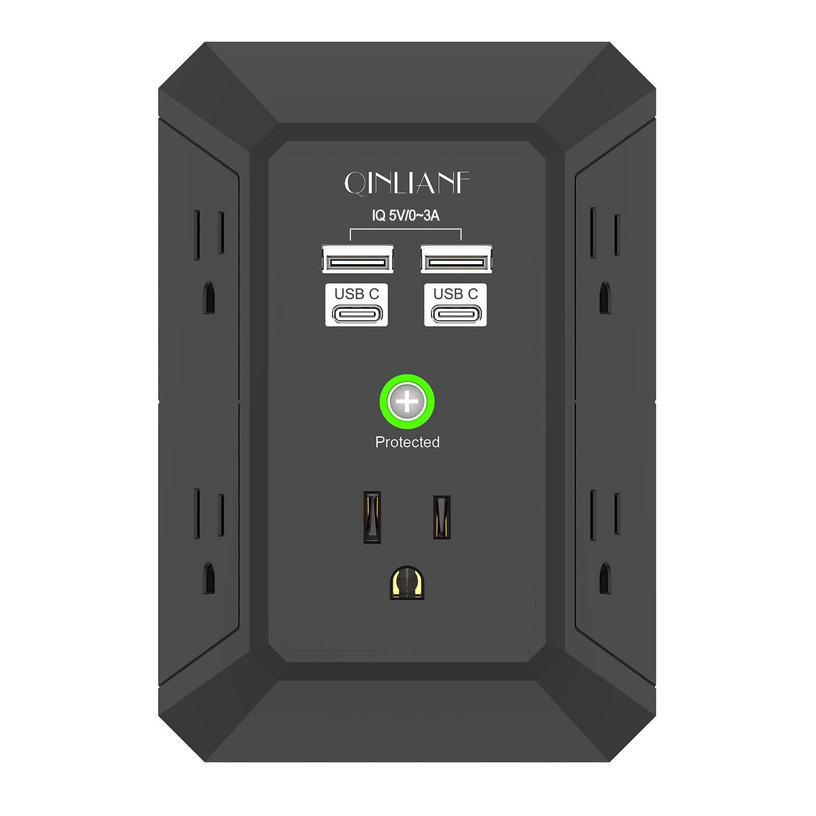 USB Wall Charger, Surge Protector, QINLIANF 5 Outlet Extender with 4 USB Charging Ports(2U2C) 3-Sided 1680J Power Strip Multi Plug Outlets Wall Adapter Spaced for Home Travel Office, Grey