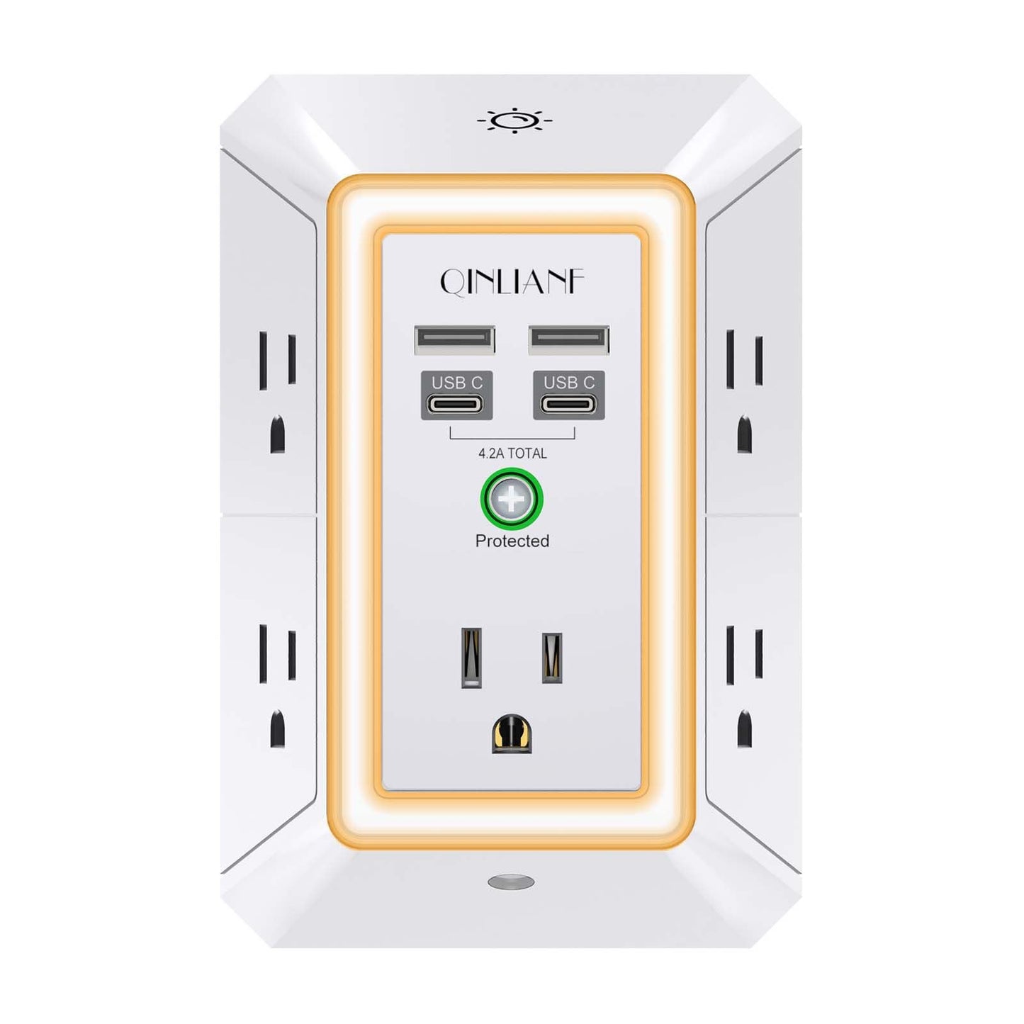 USB Wall Charger, Surge Protector, QINLIANF 5 Outlet Extender with 4 USB Charging Ports(2U2C) 3-Sided 1680J Power Strip Multi Plug Outlets Wall Adapter Spaced for Home Travel Office, Grey