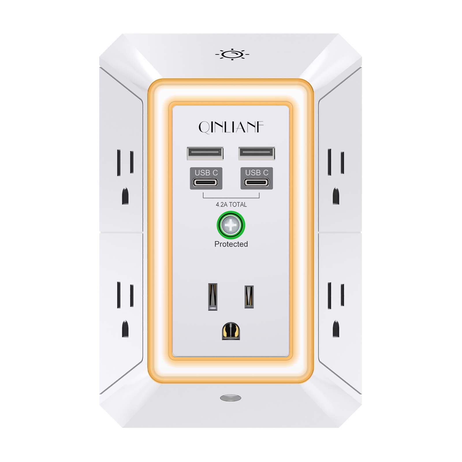 USB Wall Charger, Surge Protector, QINLIANF 5 Outlet Extender with 4 USB Charging Ports(2U2C) 3-Sided 1680J Power Strip Multi Plug Outlets Wall Adapter Spaced for Home Travel Office, Grey