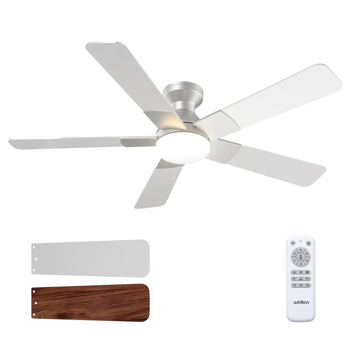 addlon Ceiling Fans with Lights, 52 Inch Low Profile Ceiling Fan with Light and Remote Control, Flush Mount, Reversible, 3CCT, Dimmable, Quiet, Silver Ceiling Fan for Bedroom Indoor/Outdoor Use