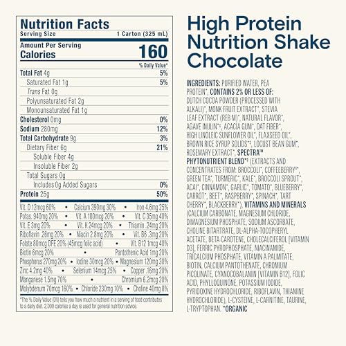 KATE FARMS Organic High Protein Chocolate Nutrition Shake, 25g Protein, 6g Fiber, 27 Vitamins and Minerals, 0g Sugar, Protein Drink, 11 oz (12 Pack)